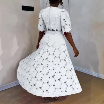 🍒Women's 2 Piece skirt set lace flower top and matching skirt smart casual outfits for women short sleeve round neck top and high waisted maxi skirt summer vacation clothing Get Laced In Colour