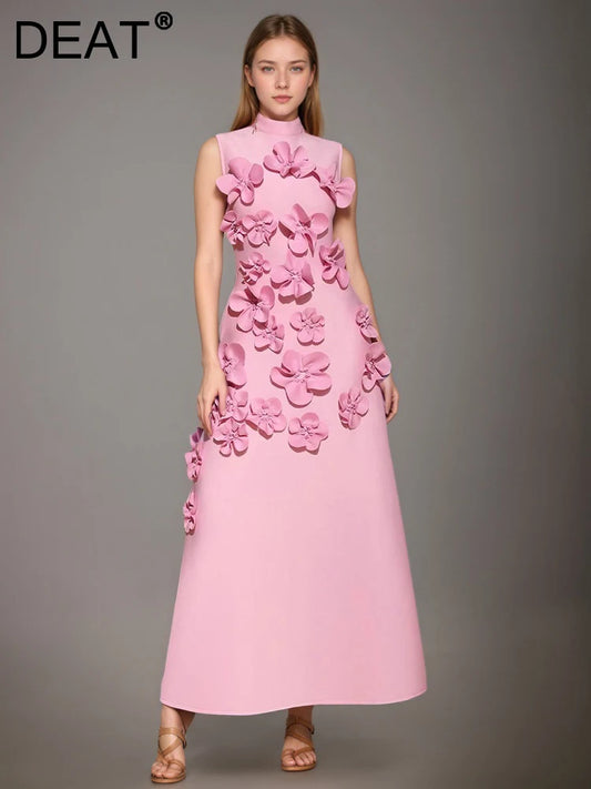 🍒3D flower dress stand neck a-line midaxi outfit for summer evening fashion occasion  partywear fashion Three Sixty 3D