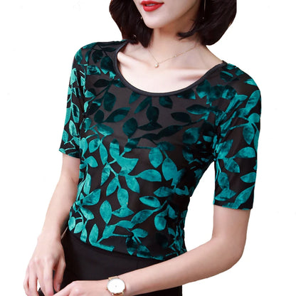 🍒Summer tops for women round neck velvet top devore t-shirt fashion flower gauze short sleeve tee smart casual clothing