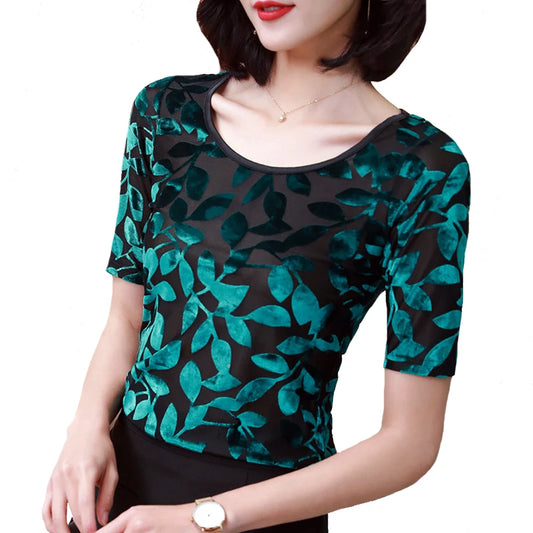 🍒Summer tops for women round neck velvet top devore t-shirt fashion flower gauze short sleeve tee smart casual clothing