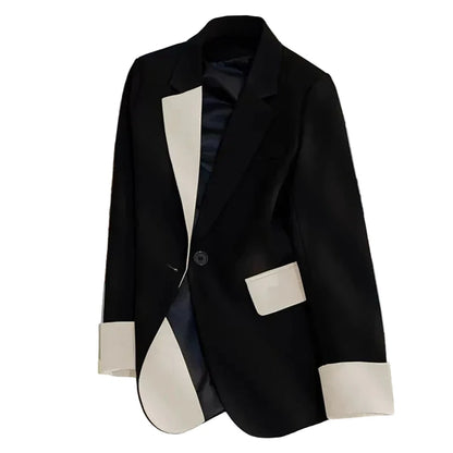 🍒Fashion blazer jacket spring autumn long sleeves black jacket contrast patchwork office cothes for women outerwear smart casual suit coat female chic fashion   Turn Up In Your Contrast