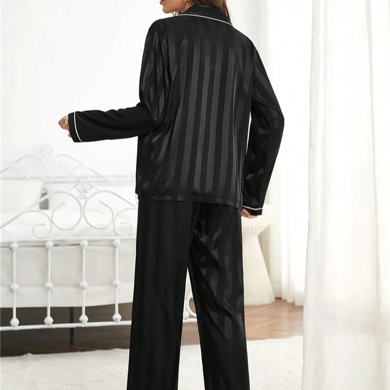 🍒Womens pyjama sets home wear pjs set two piece ice silk set long sleeved nightwear shirt and nightwear pants silky sleepwear Slip Into Slinky Silky Sleepers