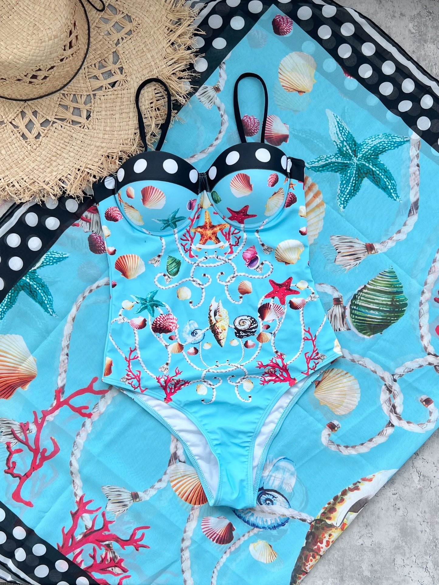 🍒One piece swim suit beach wear with coral and seashell print bikini and sarong set beach wear for women Sea Sure Set
