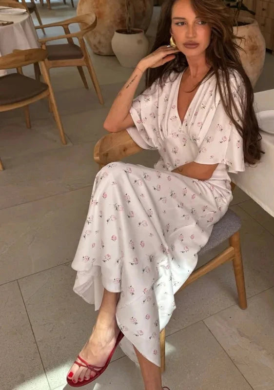 🍒White floral satin maxi dress for women casual or occasion wedding guest beach vacation outfit flower printed v-neck dress womens fashion slim fit waist short butterfly sleeve long summer wear with short sleeves high waist cute comfy casu-casion