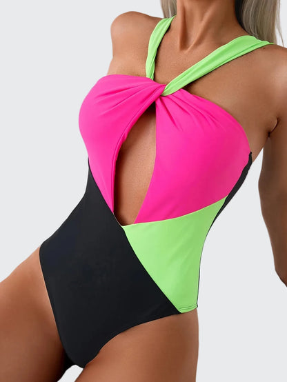 🍒Fashion swim suit one-piece pool part bathing suit women's Backless swimwear hollow cross-colour swimsuit          Tri Colour Stunner