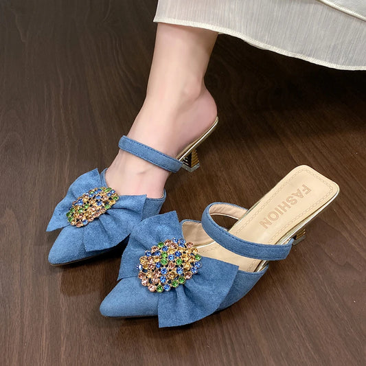 🍒Womens crystal sandals closed toe summer shoes pointed toe mules with bow kitten heel pumps smart casual footwear dress slippers for occasion wear Dont Be Disapointed Get your Point