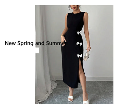 🍒Black dress side bows bodycon with slit midi cocktail outfit women party evening gown  occasion fashion Sweet-Edge