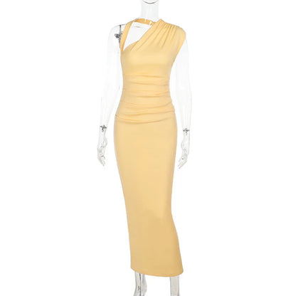 🍒Slanted neckline dress halter long dress female summer fashion ruched backless dress bodycon with back slit women's holiday party dress
