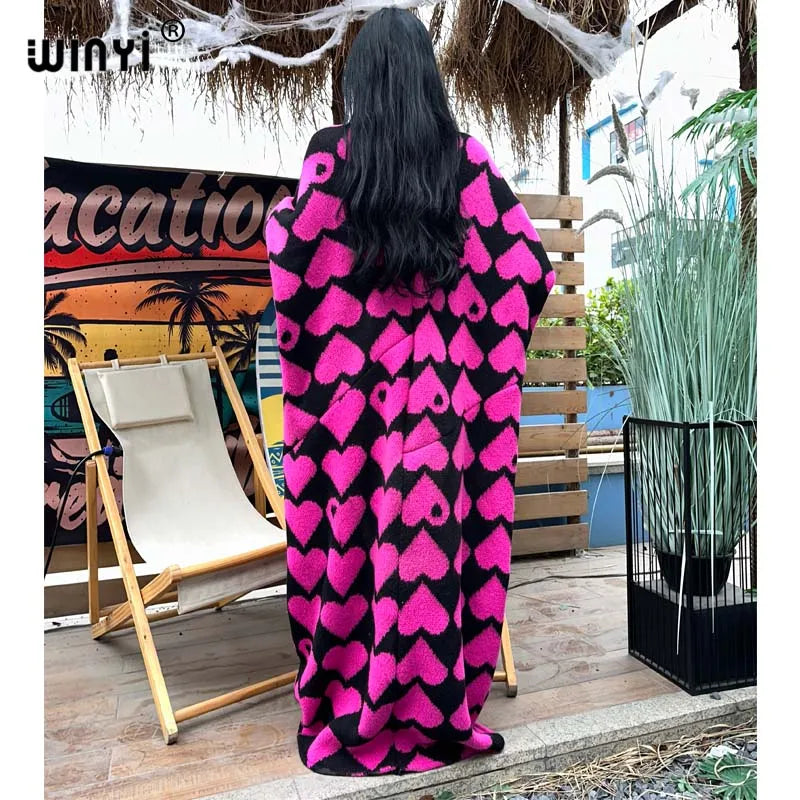 🍒 Heart print cardigan womens knitwear kimono fashion autumn winter smart casual wear party coat thick warm womens holiday coat women Warm Hearted
