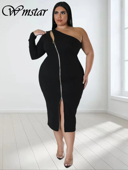 🍒midi dress for women plus size clothes single sleeve black zipper outfit elegant solid midi dresses Summer party clothes occasion wear Get Fitted With A Zip