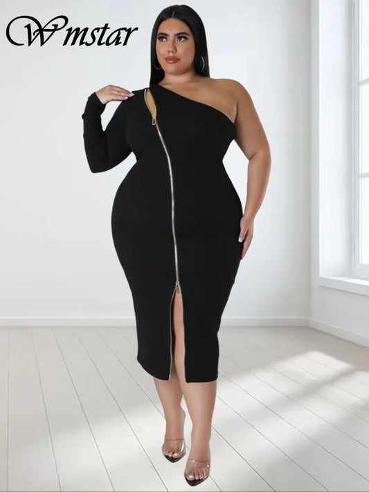 🍒midi dress for women plus size clothes single sleeve black zipper outfit elegant solid midi dresses Summer party clothes occasion wear Get Fitted With A Zip