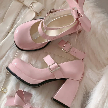 🍒Mary jane high heels cute and comfy pumps smart casual footwear for women party shoes with bow shoes pink original occasion footwear Put Some BACK BOW-n Into Your Party Shoes