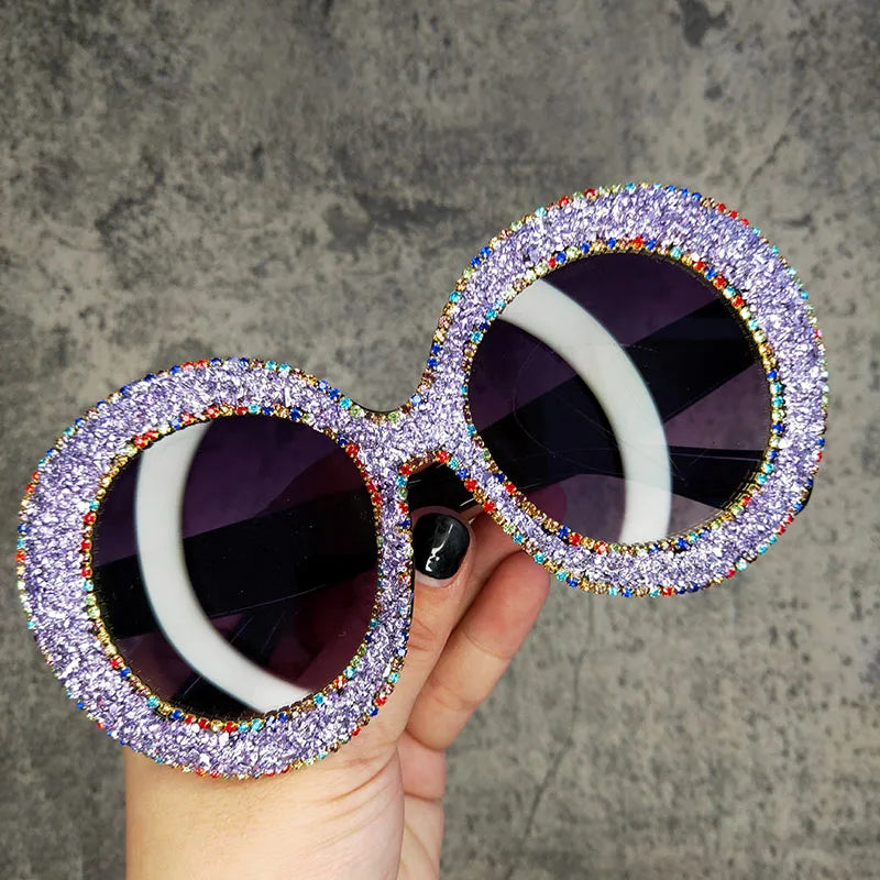 🍒Oversized round diamond sunglasses for women crystal sunnies rhinestone smart eyewear bling glasses eye glasses shades with uv400 protection Glamy Goggles
