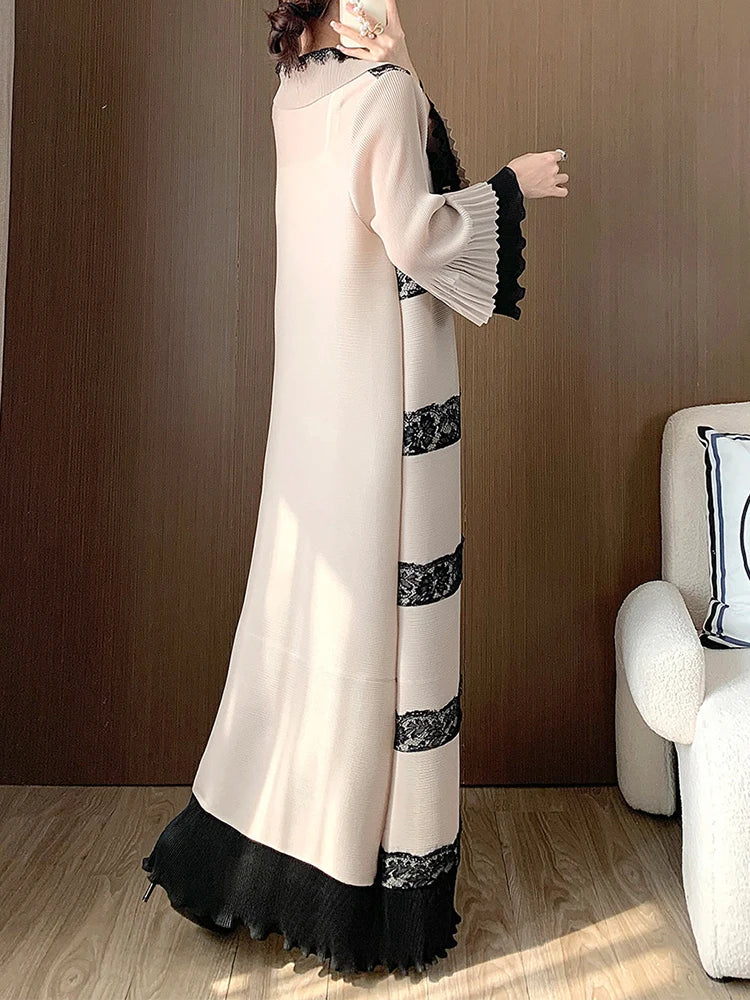 🍒Pleated lace dress with lapels flared sleeve single breasted outfit long elegant midaxi fashion wears smart casual clothing women partywear occasion wear