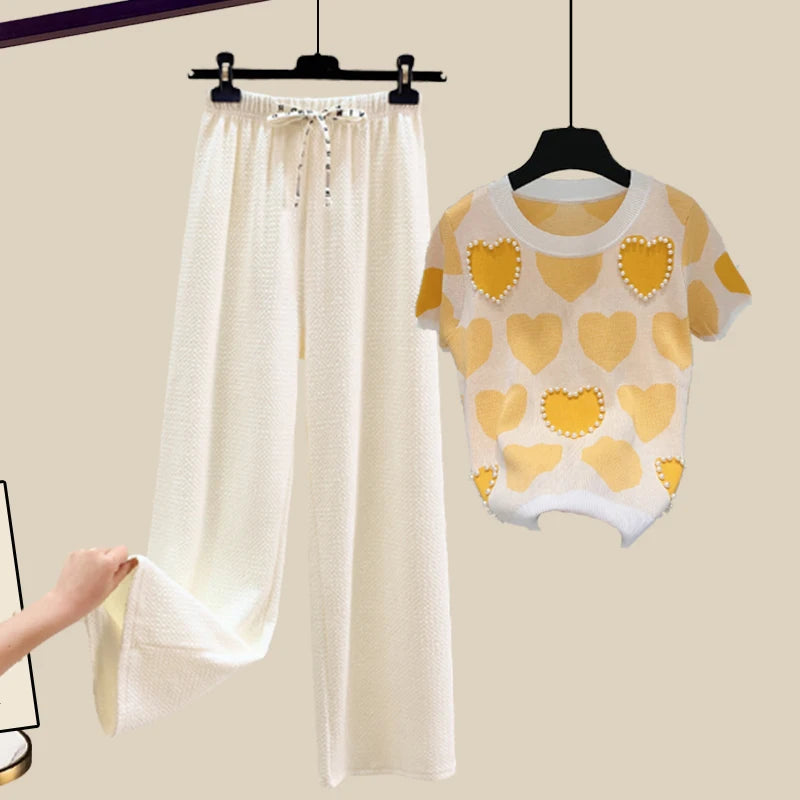 🍒Two piece set suit chic knit t-shirt with love heart top women  and casual wide leg pants sets elegant casual clothing home wear clothes  Love This Set