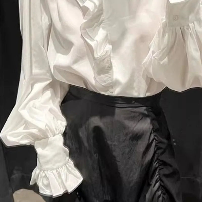 🍒French white ruffle blouse women long sleeve asymmetrical stand collar chic shirt retro pleated office commuter soft sweet tops occasion clothing smart casual wear Balance Ruffles In Your purse with this Asymetric