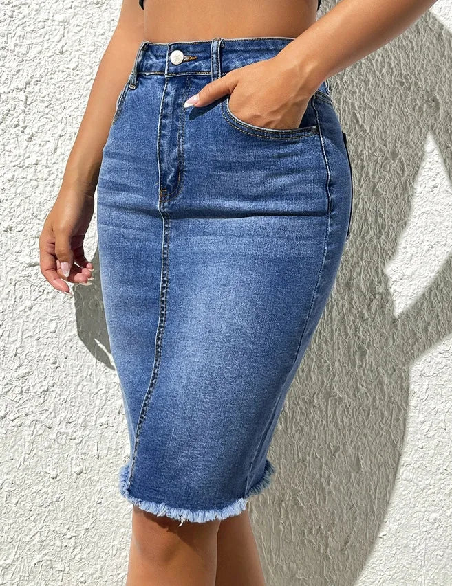 🍒 Denim knee mid length Skirt slim fit high waist solid casual women's fashion regular elegant raw hem bodycon button and Pocketed female Summer clothes Denim Day Doer