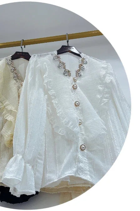 🍒Sequin shirt with beading ruffle blouse for women black occasion shirt Y2k long sleeve occasion top feminine fashion evening wear party wear tops Look Frilling In Your Frilly Frills