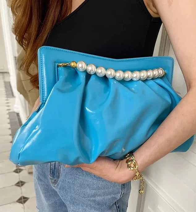 🍒Womens pleated clutch large chain design pearl handbag banquet envelope evening bag large capacity clutch for occasion smat casual accessories SHINE with a PATENT and CLUTCH your cool