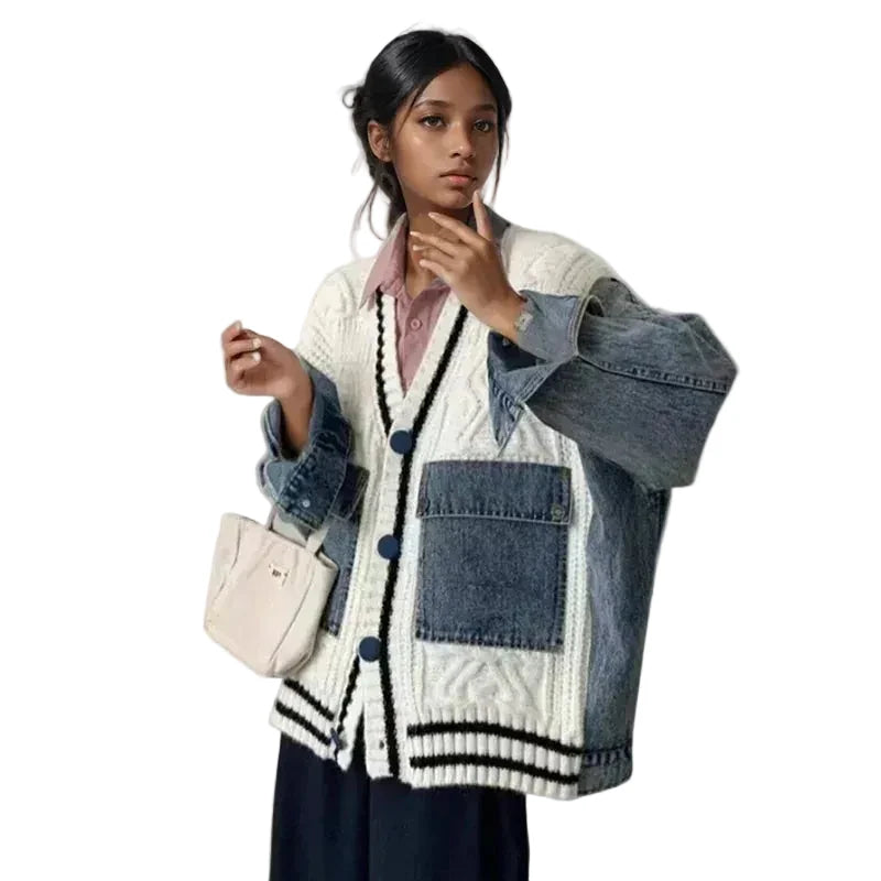 🍒Patchwork knit cardigan loose v-neck long sleeve sweater for women spring/summer female denim fashion with pockets Don’t Delay Denim Dellivers