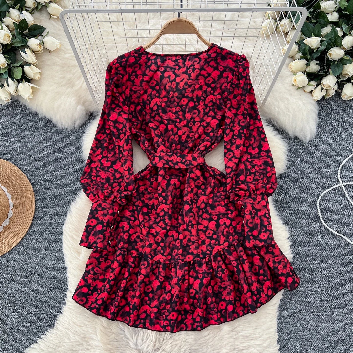 🍒V-neck lantern sleeve dress smat casual women elegant midi ruffle printed short dress french style evening wear chic spring outfits high street autumn fashion Don't Be Short On Minis