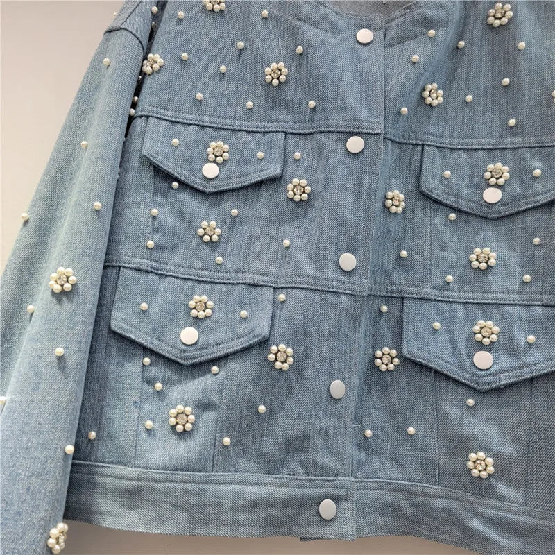 🍒Denim jacket with  pearls beaded flower long sleeve round neck crop jacket smart casual women Don A Decorated Denim