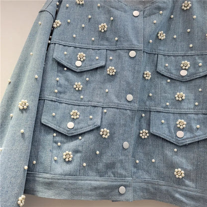🍒Denim jacket with  pearls beaded flower long sleeve round neck crop jacket smart casual women Don A Decorated Denim