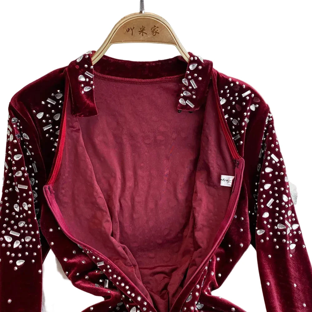 🍒Bodycon o-neck long sleeve dress glitter rhinestone outfit velvet chic vintage style clothing chic autumn fall fashion party occasion wear Get Wine Stoned