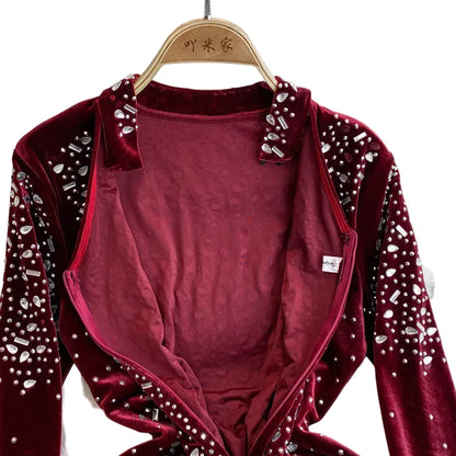 🍒Bodycon o-neck long sleeve dress glitter rhinestone outfit velvet chic vintage style clothing chic autumn fall fashion party occasion wear Get Wine Stoned