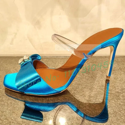 🍒Bowknot satin high heels occasion slippers womens crystal sandals bling shoes for wedding summer pumps pvc strap casual open toe shoes Sassy Satin Slippers