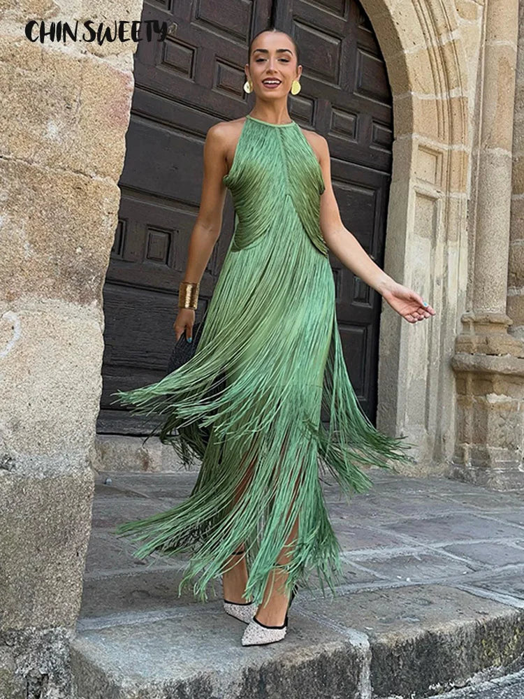 🍒Multi-layer tassel dress women's solid o-neck sleeveless cocktail dress elegant female fashion ball party outfit occasion wear club wear holiday beach party wear No Tossle Tassle