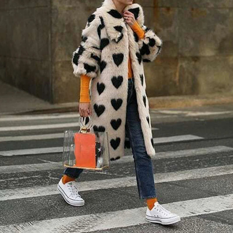 🍒Fashion versatile heart print faux fur coat long winter women plush warm Integrated furs coats Warm Hearting Fashion