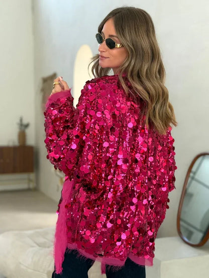 🍒Sequins bow tie jacket party long sleeve fashion short coat womens glitter party wear v-neck female long sleeve loose tops They Will SE'A Green When You Shimmer In This Winner