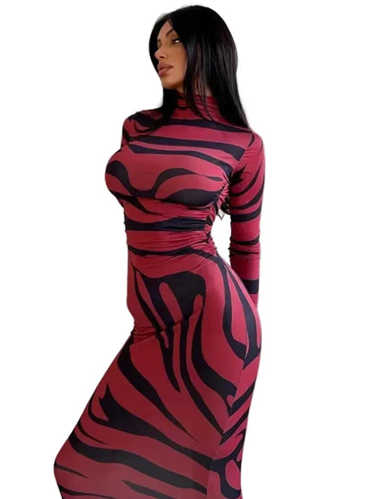 🍒Red striped long dress womens bodycon turtle neck zebra print mesh outfit clubwear party occasion wear clothing                       Catwalk Your Tiger