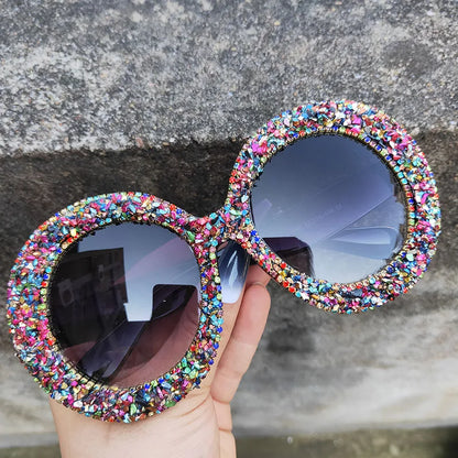 🍒Oversized round diamond sunglasses for women crystal sunnies rhinestone smart eyewear bling glasses eye glasses shades with uv400 protection Glamy Goggles