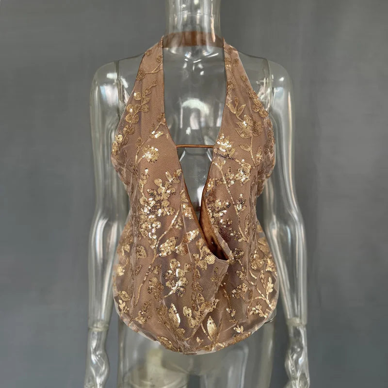 🍒Glitter sequin tops women y2k outfit fashion deep v-neck crop top backless draped front blouse beach top