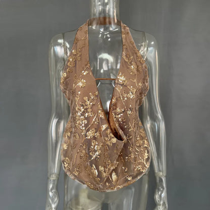 🍒Glitter sequin tops women y2k outfit fashion deep v-neck crop top backless draped front blouse beach top