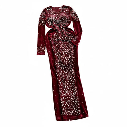 🍒Bodycon o-neck long sleeve dress glitter rhinestone outfit velvet chic vintage style clothing chic autumn fall fashion party occasion wear Get Wine Stoned