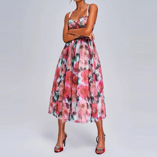 🍒High waist party dress with bodice and full skirt elegant floral print for summer fashion  sleeveless a-line dress off shoulder outfit women Fun Floaty Floral