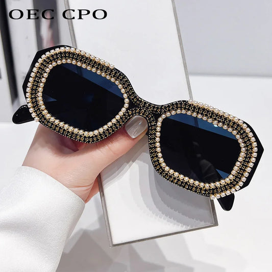 🍒Diamond square sunglasses with pearls women fashion luxury rhinestone trendy shades for women female sun shades polygon eyewear for women uv 400 protection Have Your Say In A Pearly Cool Way
