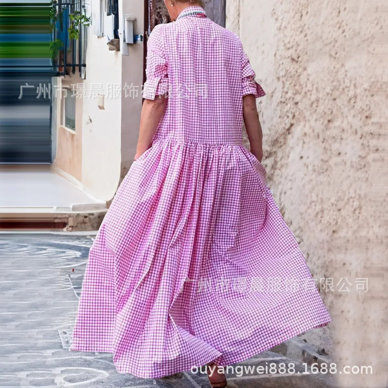 🍒Women's check maxi dress high street clothing fashion and long loose shirt dress long sleeve with lapel pendulum outfit spring and summer fashion for holidays Check This Check