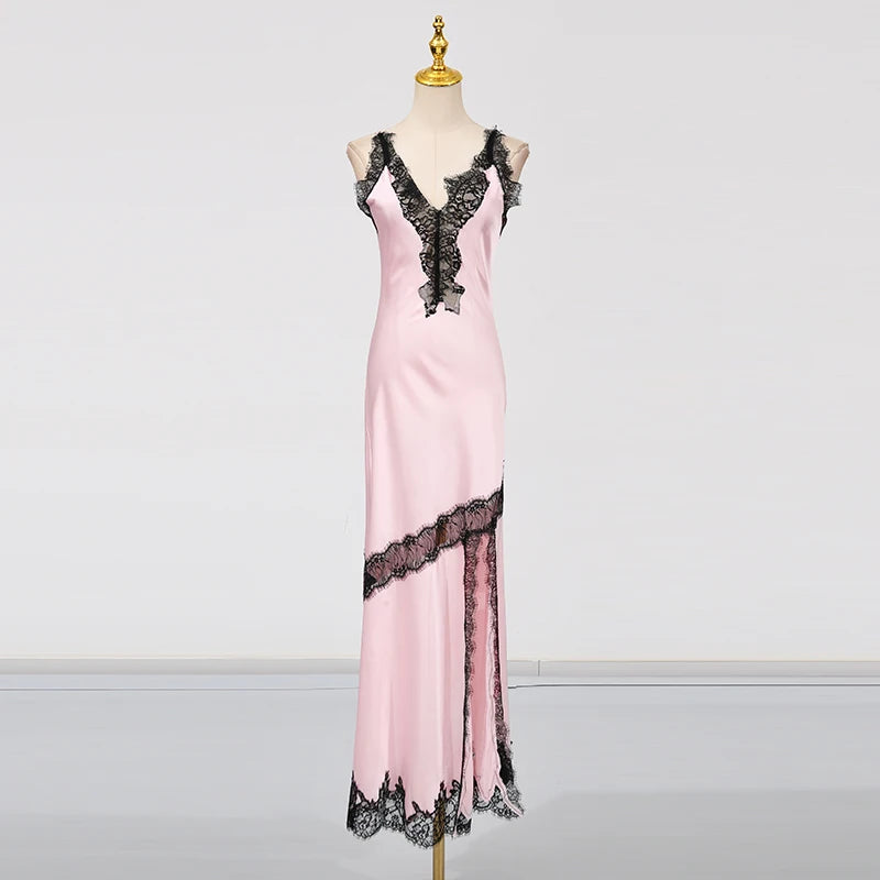 🍒Colour block lace dress sheer lace clothing for women long outfit v-neck sleeveless High wasit slim split dresses Female occasion wear party wear You wont be UNDER impressed with this FASHION  WEAR