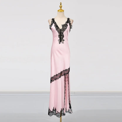 🍒Colour block lace dress sheer lace clothing for women long outfit v-neck sleeveless High wasit slim split dresses Female occasion wear party wear You wont be UNDER impressed with this FASHION  WEAR