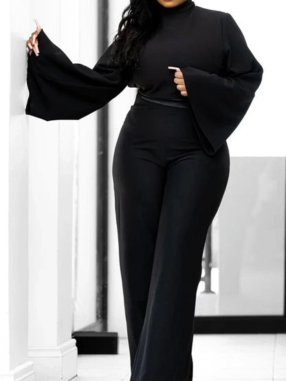 🍒Fashion women set flare long sleeve top stand collar blouse  and wide leg pants two piece sets outfits with trousers smart casual clothing Jack Up Black