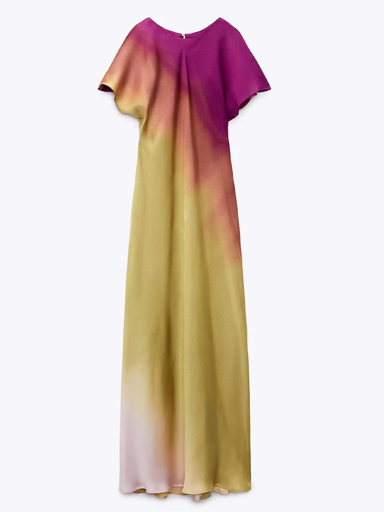 🍒Maxi gradient dress women summer wear elegant short sleeve satin outfit fashion slim fit high street clothing for occasion evening wear party wear Eat Summer Ice cream In Your Ice cream Summer