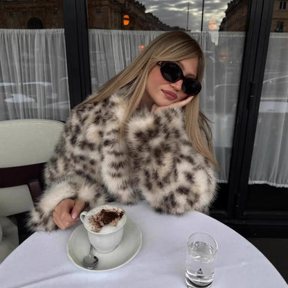 🍒Faux fur coat smart casual outerwear women lapel Collar leopard print jacket with long sleeves Y2k thick warm autumn winter fashion Get SPOTTED In A Showy Snowy