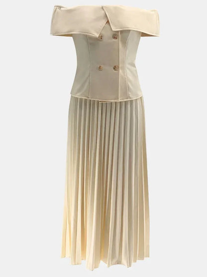 🍒Fashion two piece outfits with long pleated skirts maxi fashion and Off-shoulder top matching sets neutral clothing for women party formal wear party occasion wear Cool off with Ice Cream