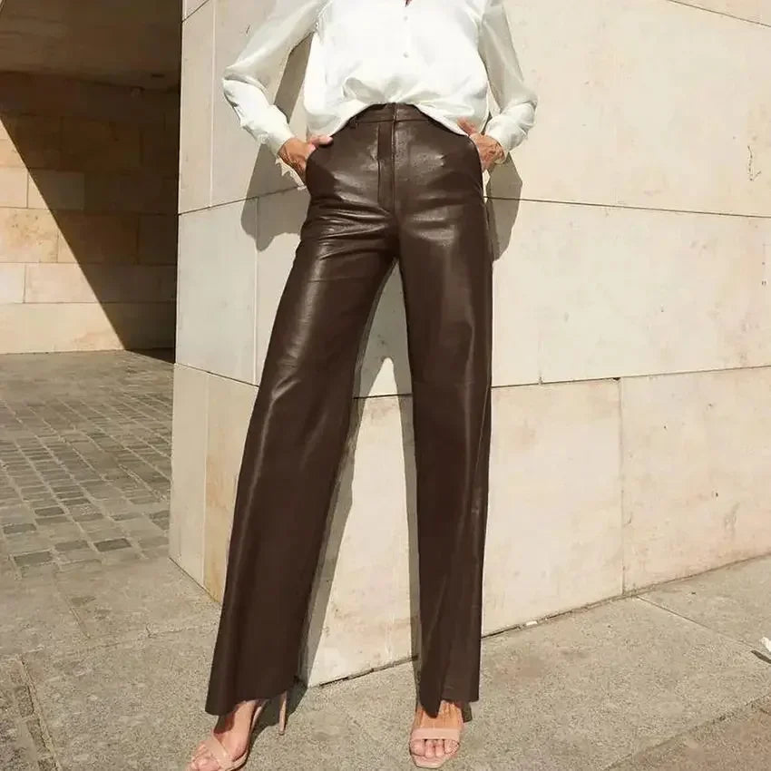 🍒Women's pu leather trousers high waisted hip lifting fashion straight leg pants smart casual clothimg party occasionwear