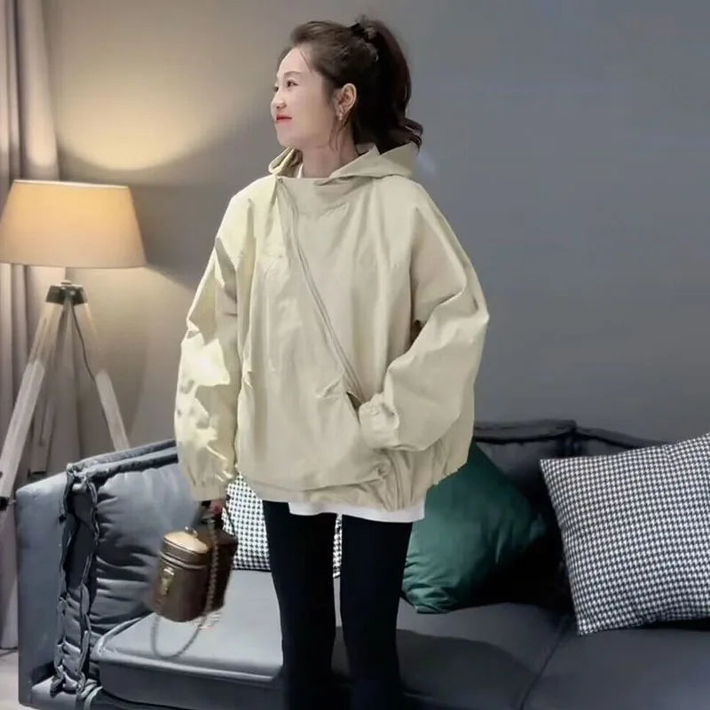 🍒Womens sweatshirt fashion designed diagnal placed zipper loose outerwear jacket hoodies smart casual women all match ladies pocket jacket Do A Diagnal Divert