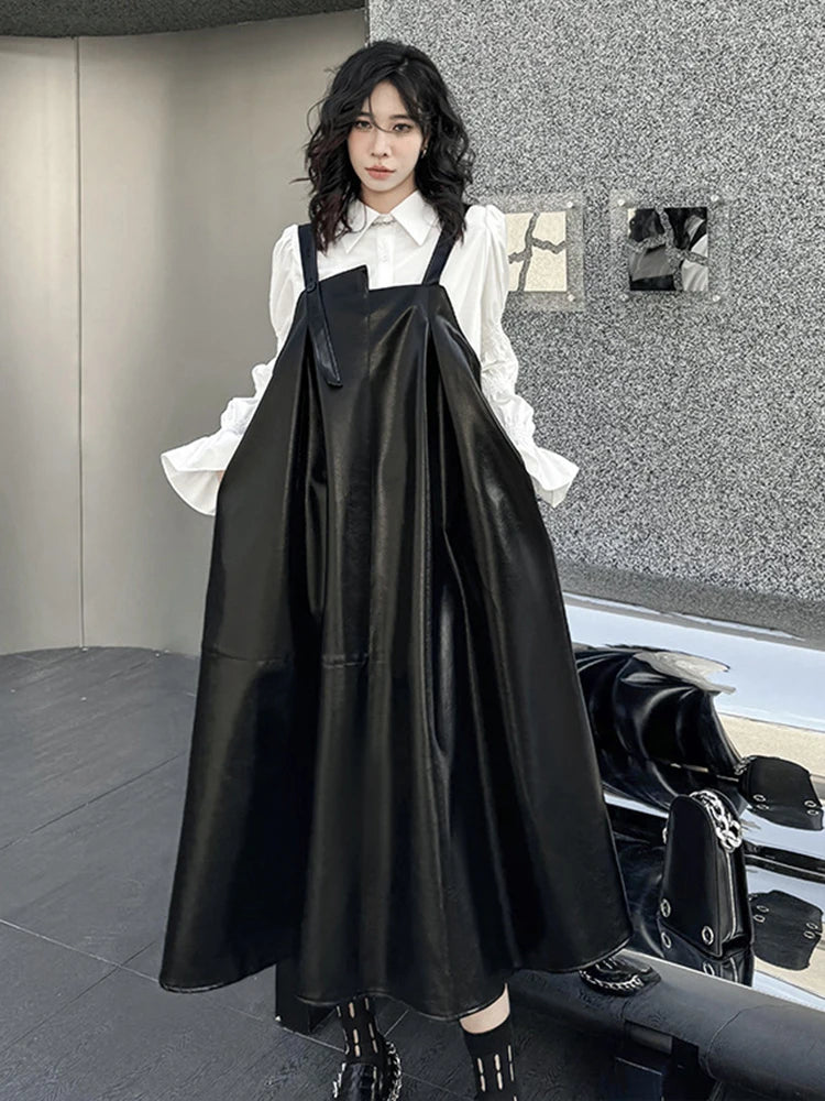 🍒Black faux leather dress big swing size midi spaghetti strap square neck outfit pu shiny with seeveless occasion party wear clothing smart casual women Black Swirly Pearl